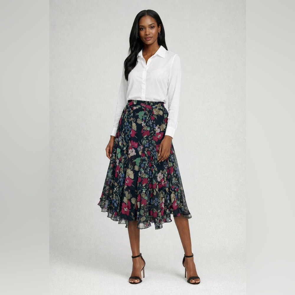LAUREN RALPH LAUREN Ruffled Floral Georgette Skirt Black Size 8